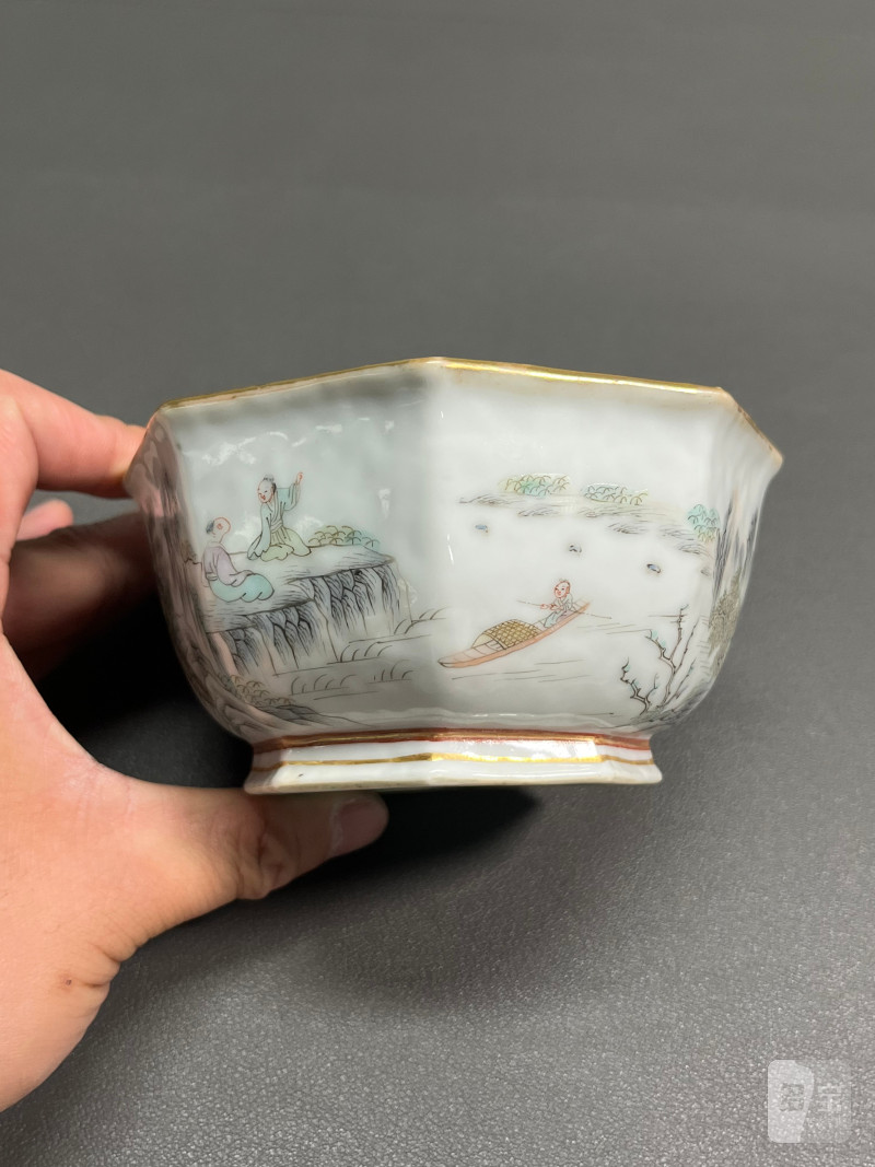 清道光  粉彩山水人物供碗 - 图4